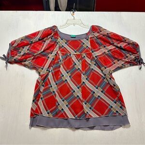 Freeway Women’s Plaid Sheer Blouse Red Gray Tie Sleeve Scoop Neck Size M USA